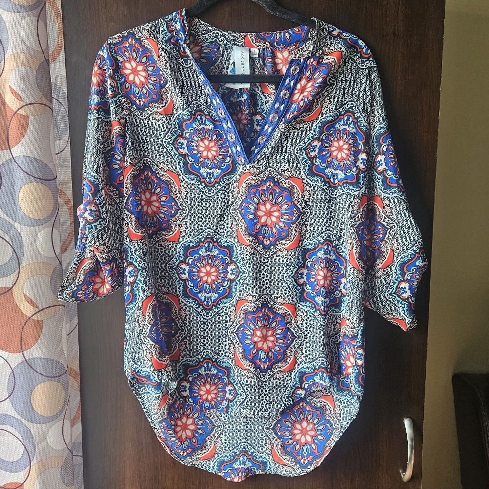 Society Women's Top with Blue and Red Floral Design